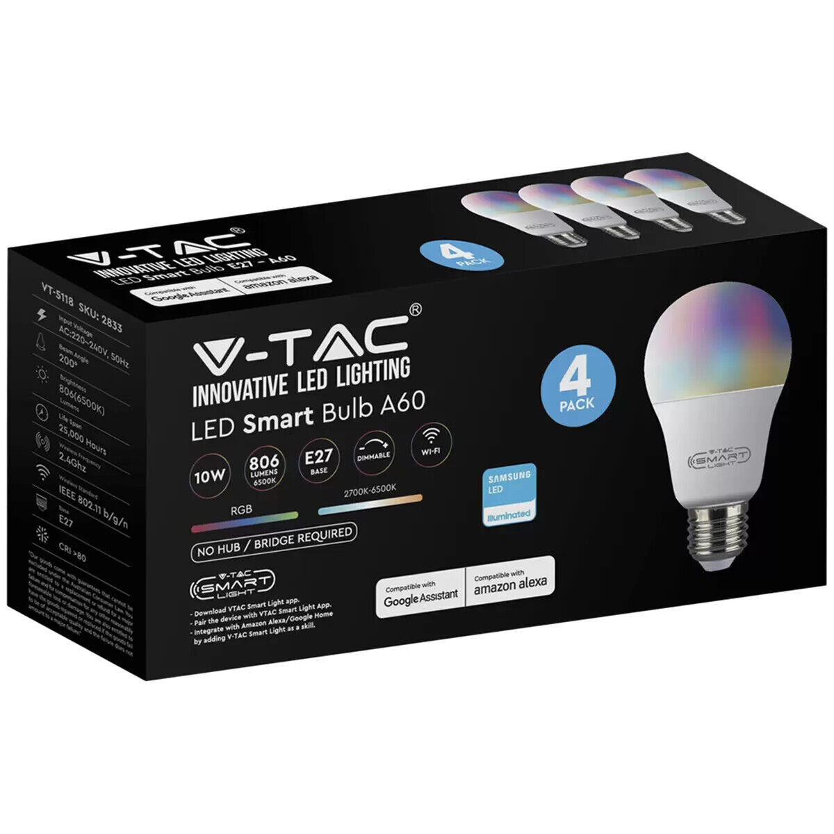 [RCM]4x V-TAC 10W LED RGB Smart Light Bulbs E27 WIFI Google Home AMAZON Alexa