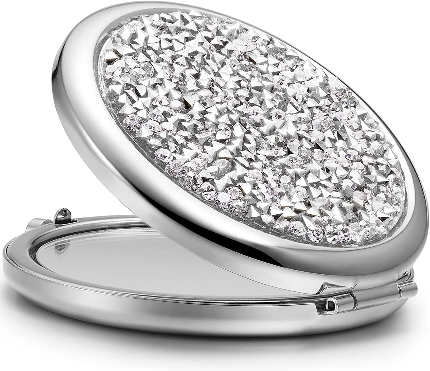 Compact Mirror, Mini Mix Diamond 1X/2X Magnifying round Metal Pocket Makeup Mirror (Silver)