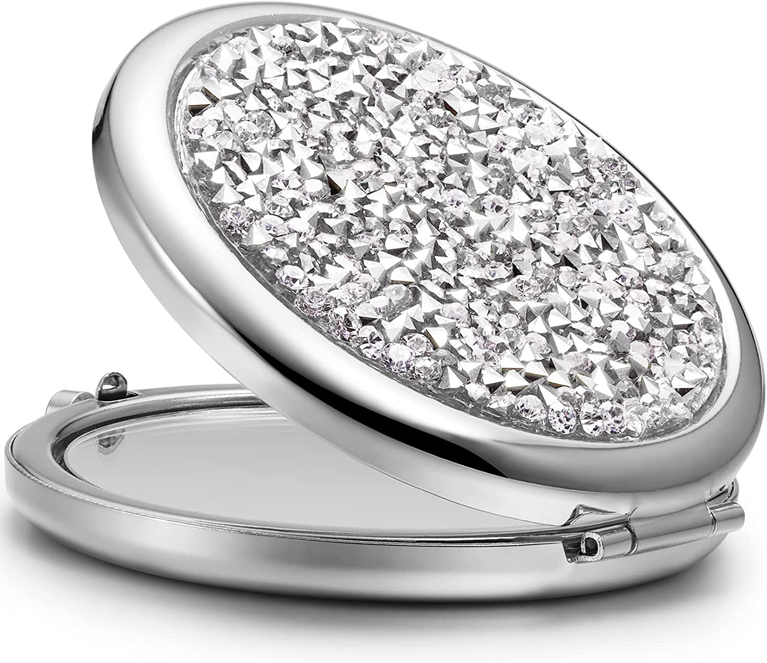 Compact Mirror, Mini Mix Diamond 1X/2X Magnifying round Metal Pocket Makeup Mirror (Silver)