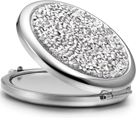 Compact Mirror, Mini Mix Diamond 1X/2X Magnifying round Metal Pocket Makeup Mirror (Silver)