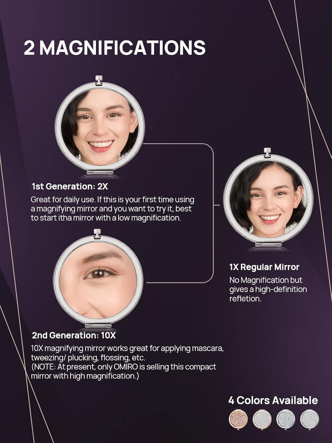 Compact Mirror, Mini Mix Diamond 1X/2X Magnifying round Metal Pocket Makeup Mirror (Silver)