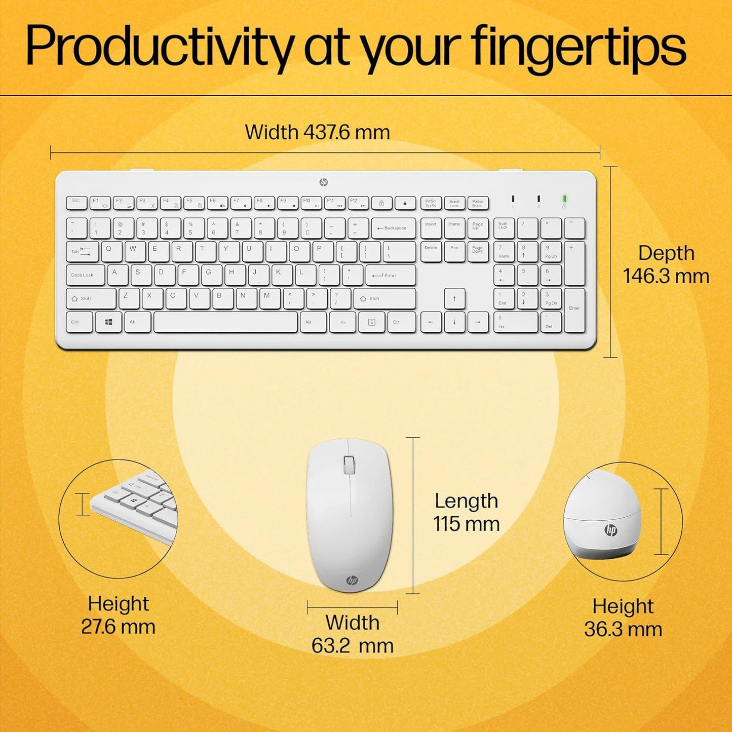 HP 230 Wireless 2.4GHz Full-size Keyboard and Mouse Set White Colour