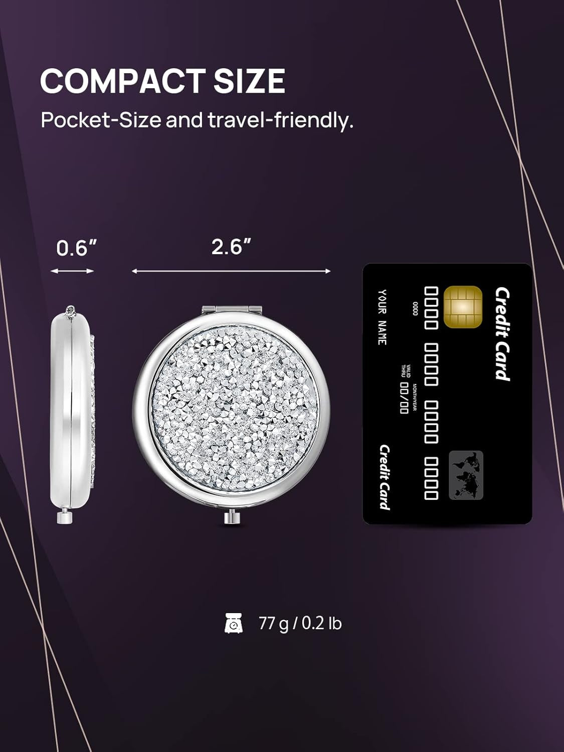 Compact Mirror, Mini Mix Diamond 1X/2X Magnifying round Metal Pocket Makeup Mirror (Silver)