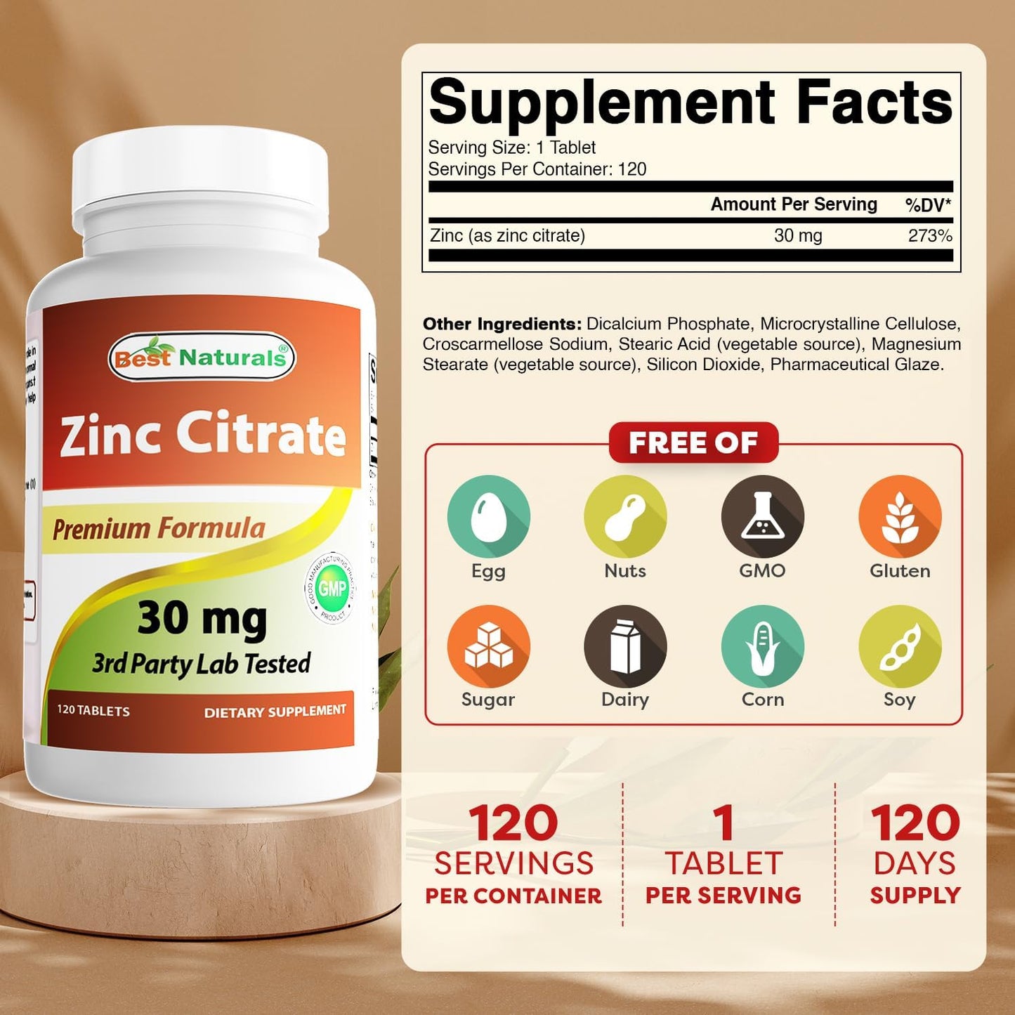 Zinc Citrate 30 Mg - Immune Support - 120 Tablets