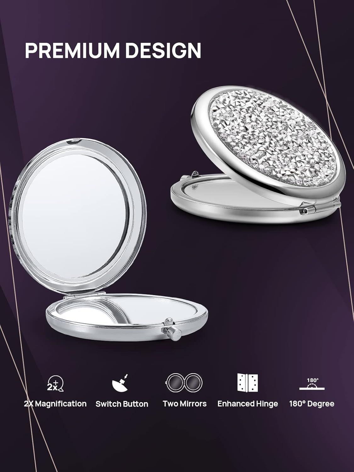 Compact Mirror, Mini Mix Diamond 1X/2X Magnifying round Metal Pocket Makeup Mirror (Silver)