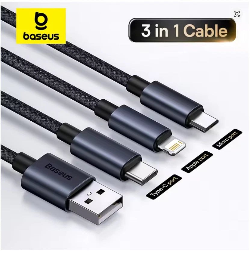 2x/1x Baseus 3 in 1 USB Fast Charging Cable 3.5A Charge Cord for iPhone Android